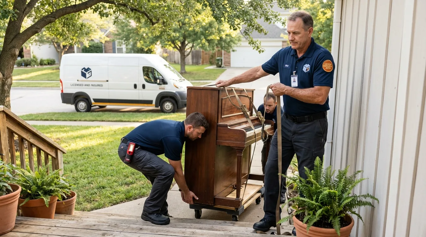 Licensed piano movers securing grand piano in Cedarville, OH