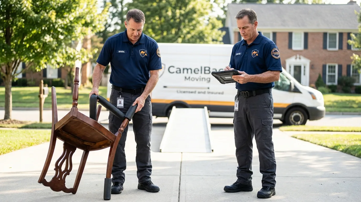 Movers inspecting furniture for damage prevention before loading in Cedarville, OH