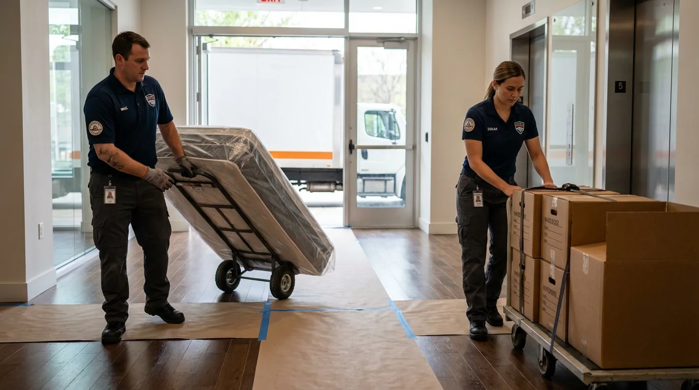 Professional apartment movers loading elevator in Cedarville, OH