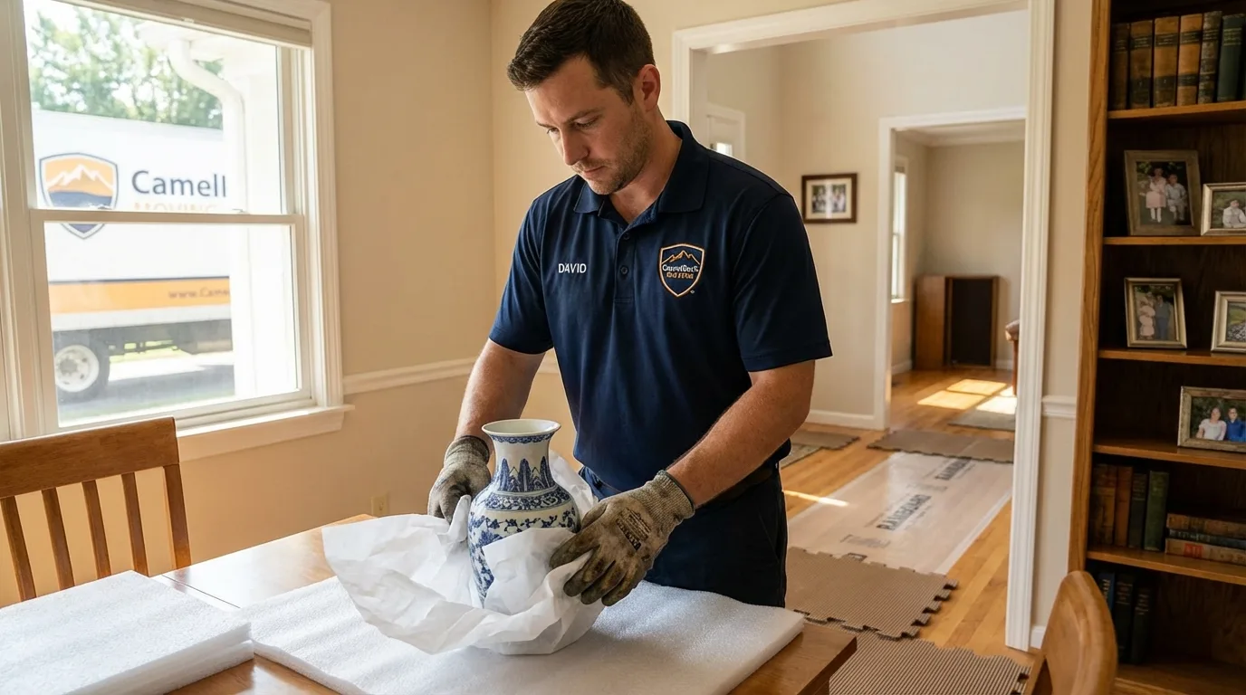 Professional crew carefully wrapping antique vase for senior downsizing move in Cedarville, OH